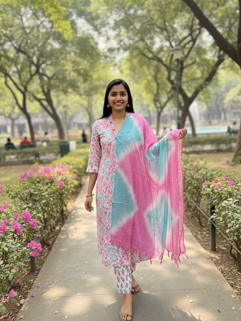 Blush Aqua Handblock Cotton Suit Set