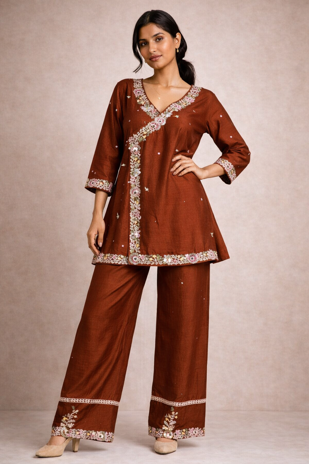 Brown Gul Embroidered Co-Ord Set