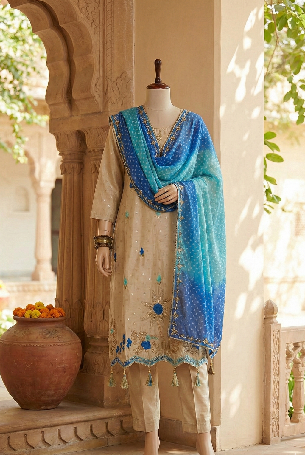 The Gota Neelam Bandhej Set