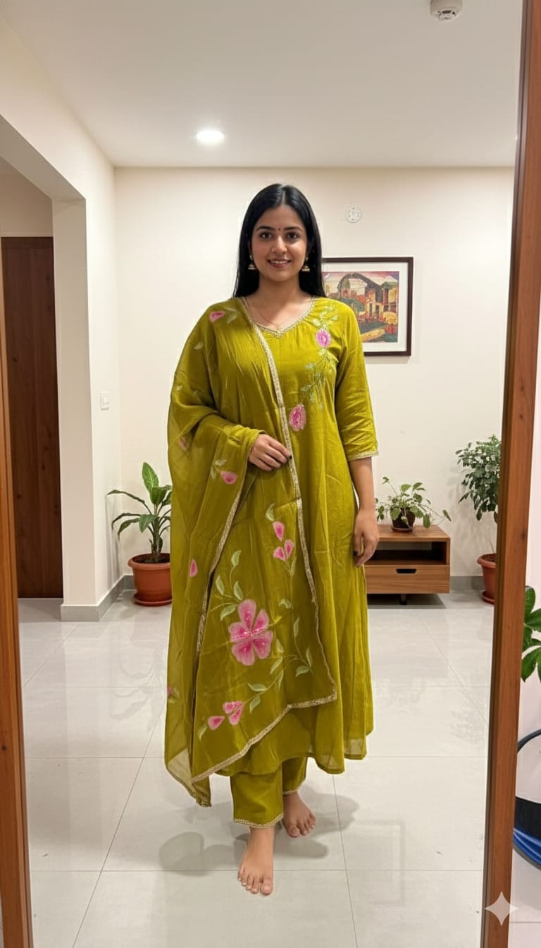 Olive Gulbahaar Handpainted Kurta Set