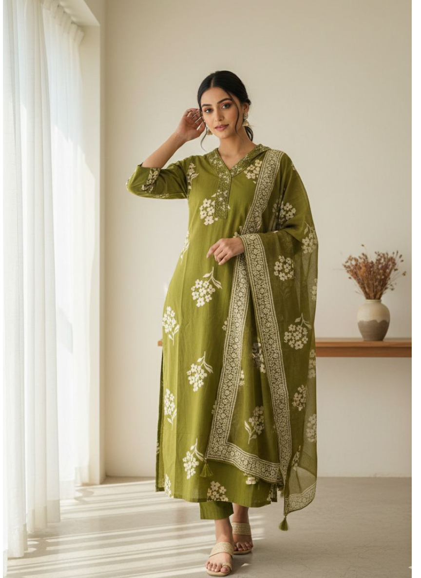 Olive Blossom Pure Jaipuri Cotton Suit Set (60x60)
