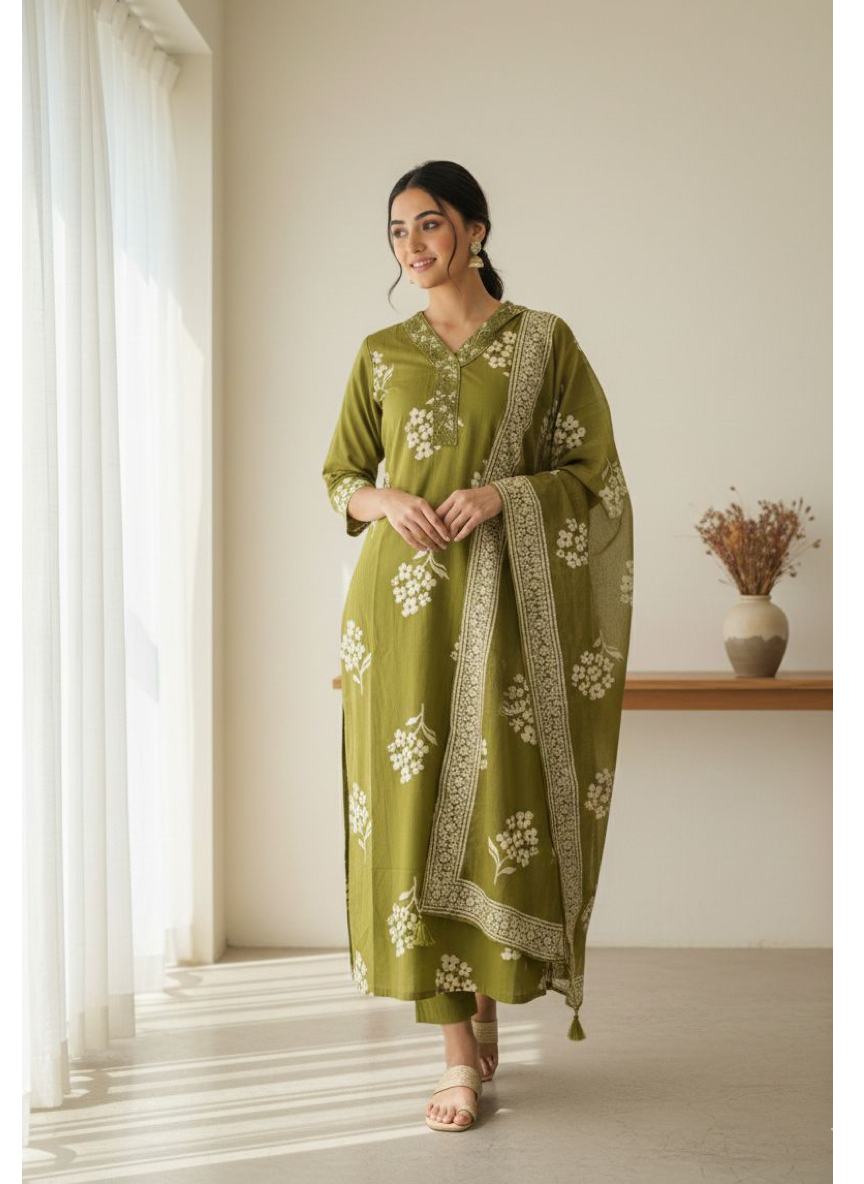 Olive Blossom Pure Jaipuri Cotton Suit Set (60x60)