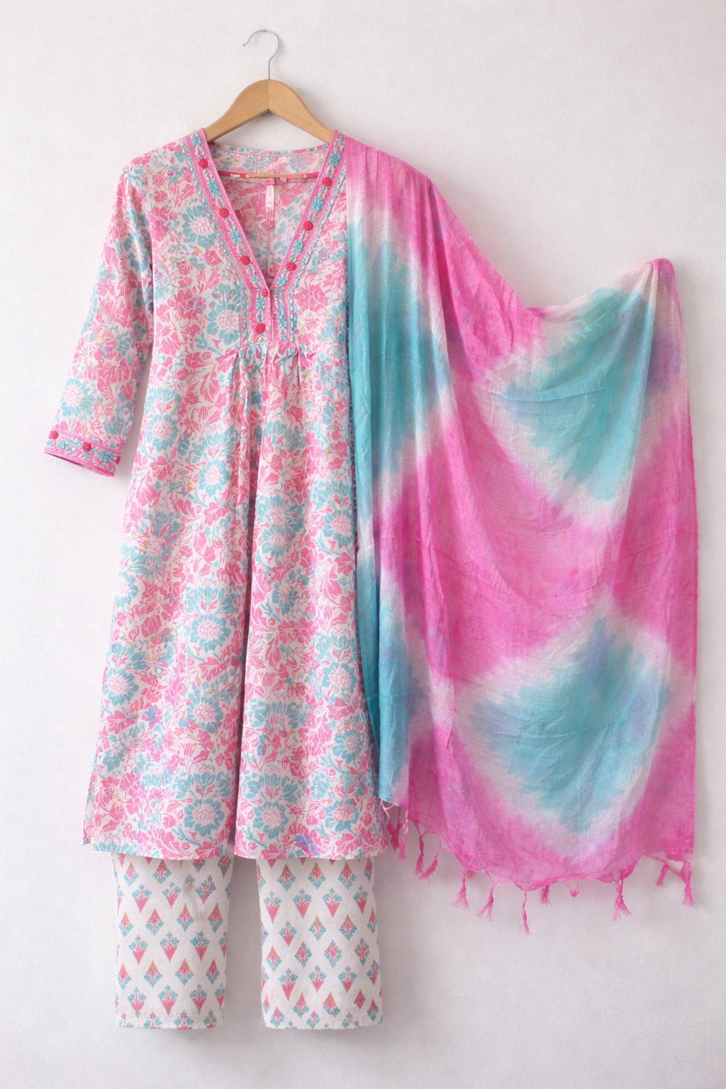 Blush Aqua Handblock Cotton Suit Set